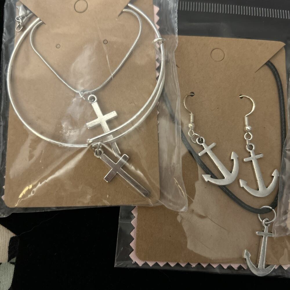 Wholesale Lot-4 Charm Bracelet And Necklace Matching Sets- Cross/Anchor/Heart